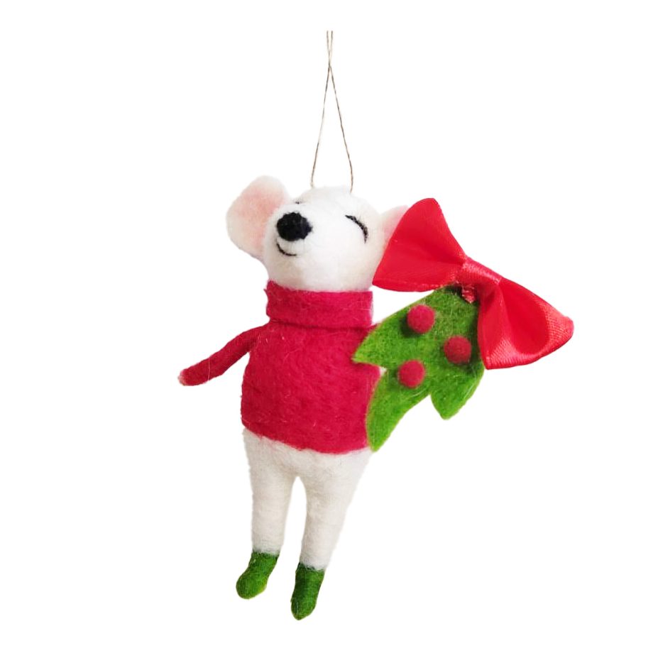 ORN WOOL MOUSE 5" W/ RED BOW