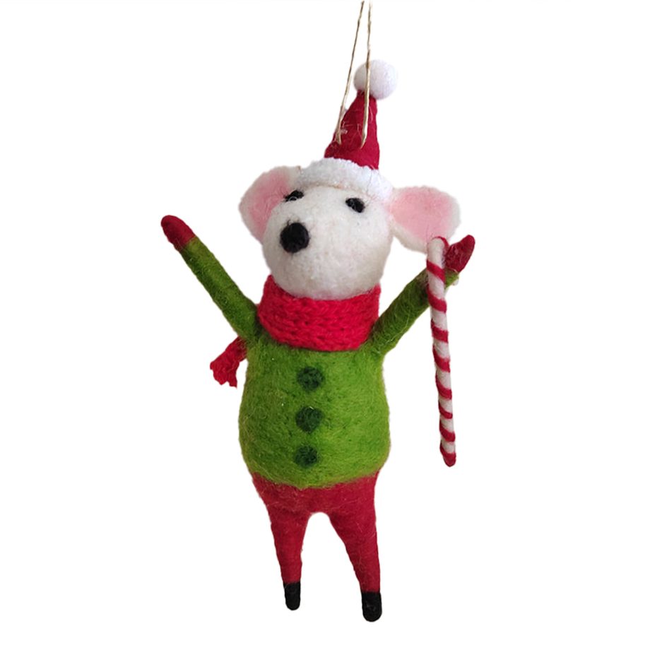ORN WOOL MOUSE 5." W/ CANDY CANE