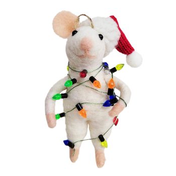 ORN WOOL MOUSE 4.5"W/ LIGHT GARLAND