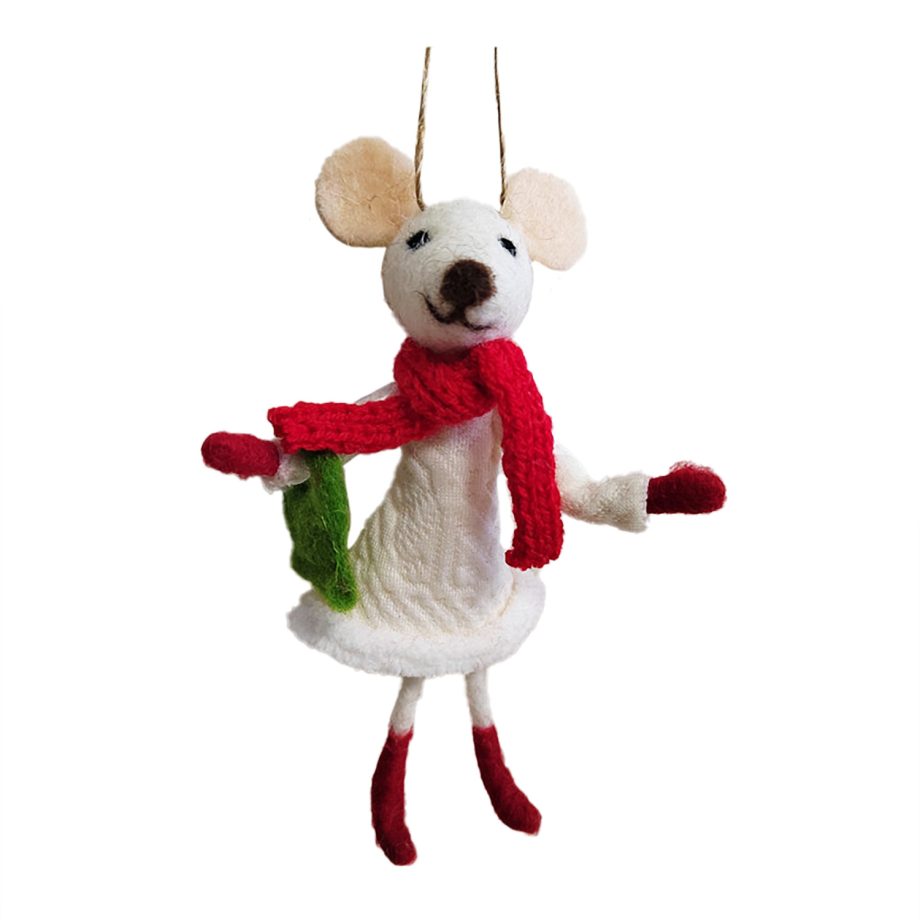ORN WOOL MOUSE 5.5" W/ RED SCARF & HANDBAG