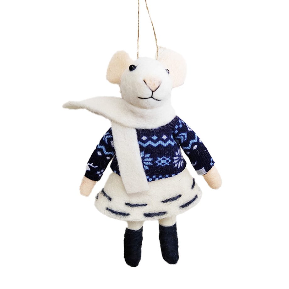 ORN WOOL MOUSE 5.5" W/ BLUE CLOTHING 5.5"