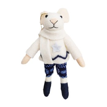 ORN WOOL MOUSE 5.5" W/ BLUE PANTS & WHITE SCARF