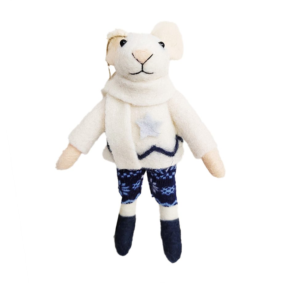 ORN WOOL MOUSE 5.5" W/ BLUE PANTS & WHITE SCARF