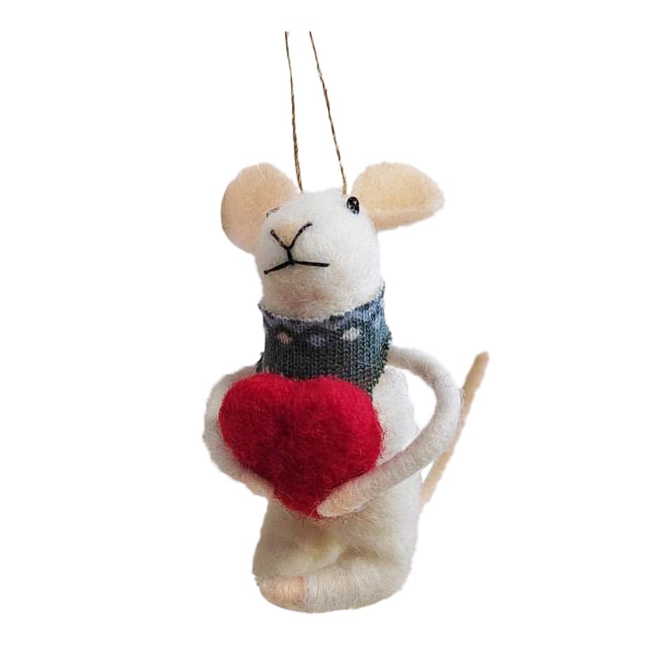 ORN WOOL MOUSE 4.5" W/ RED HEART 4.5"