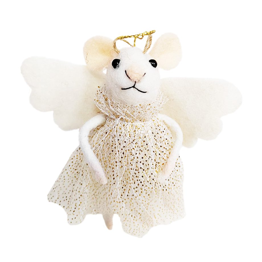 ORN WOOL MOUSE 5" ANGEL IVORY DRESS