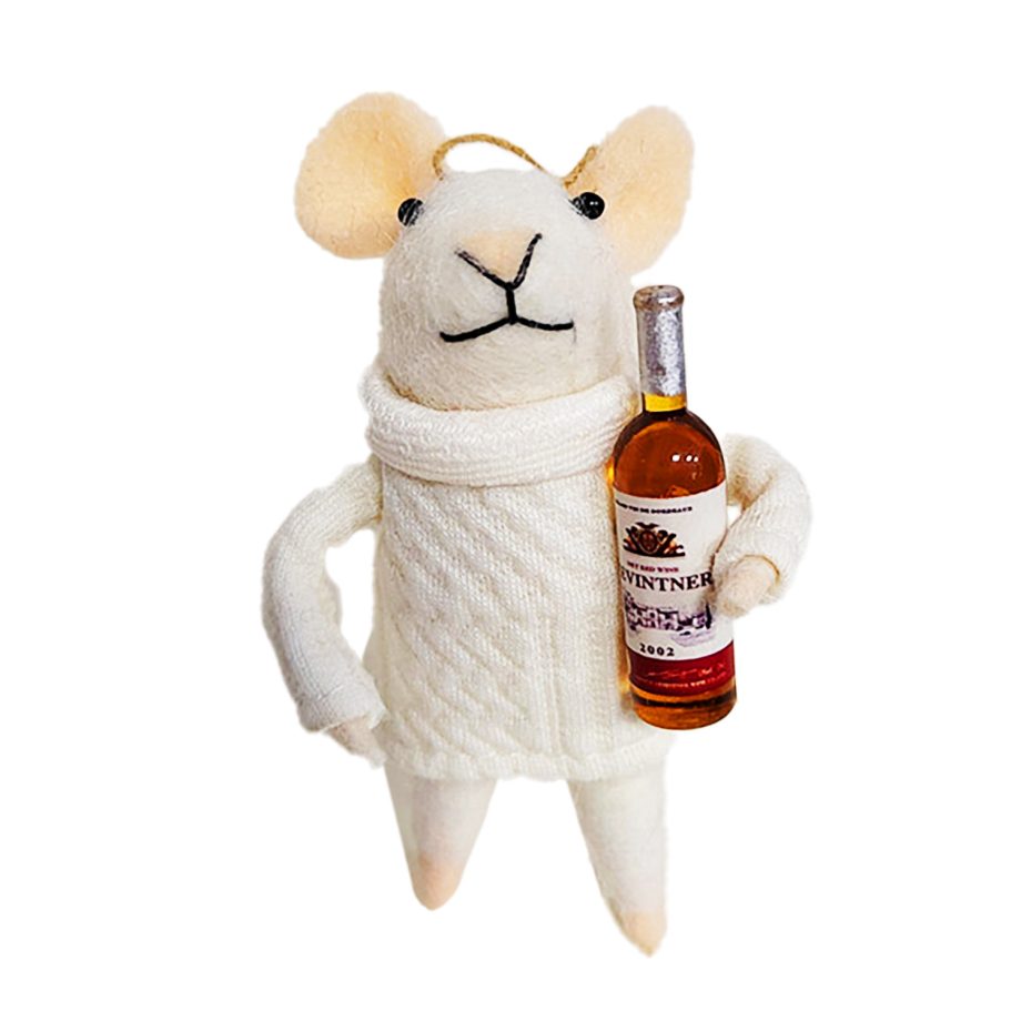ORN WOOL MOUSE 4.5" IVORY SWEATER W/ WINE BOTTLE