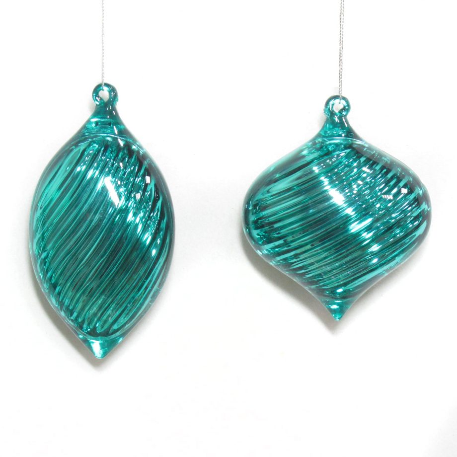 ORN BLUE TURQUOISE FINIAL & ONION 5" & 4" CLEAR W/ GLITTER INSIDE 2/S