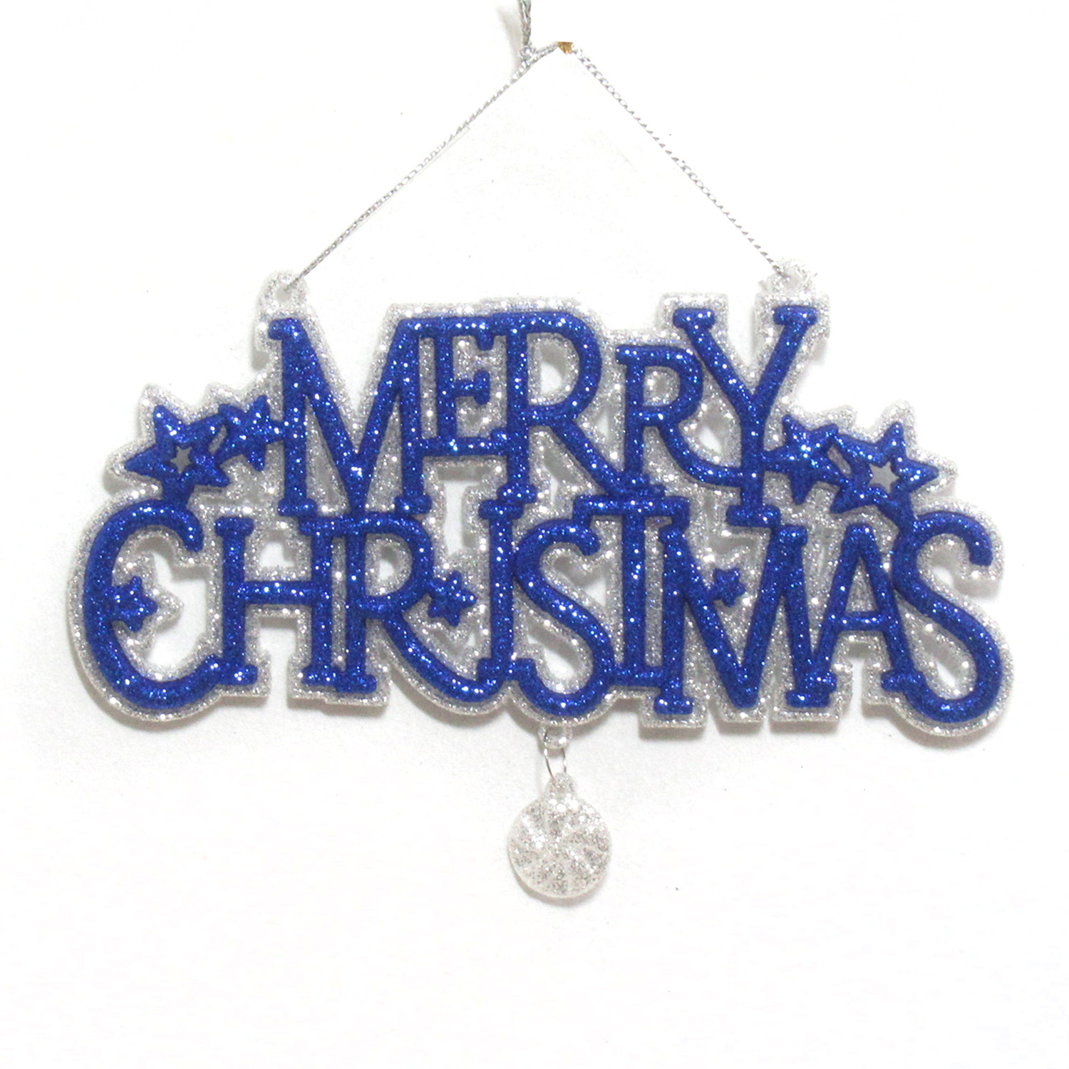 ORN BLUE/SILVER "MERRY CHRISTMAS" 6" X 4" W/ GLITTER & CANDY