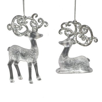 ORN CLEAR FROST REINDEER 4.5" & 6" W/ SILVER GLITTER 2ASSTD.