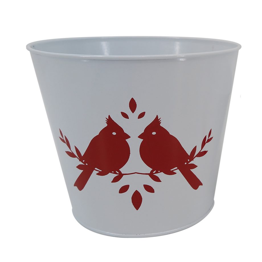METAL POT WHITE WITH RED CARDINALS 6"