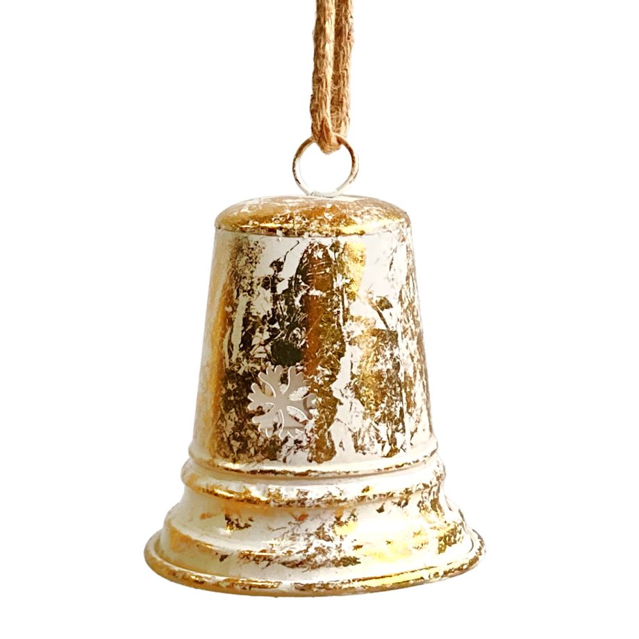 BELL GOLD/WHITE 7" METAL W/ SISAL ROPE HANGER