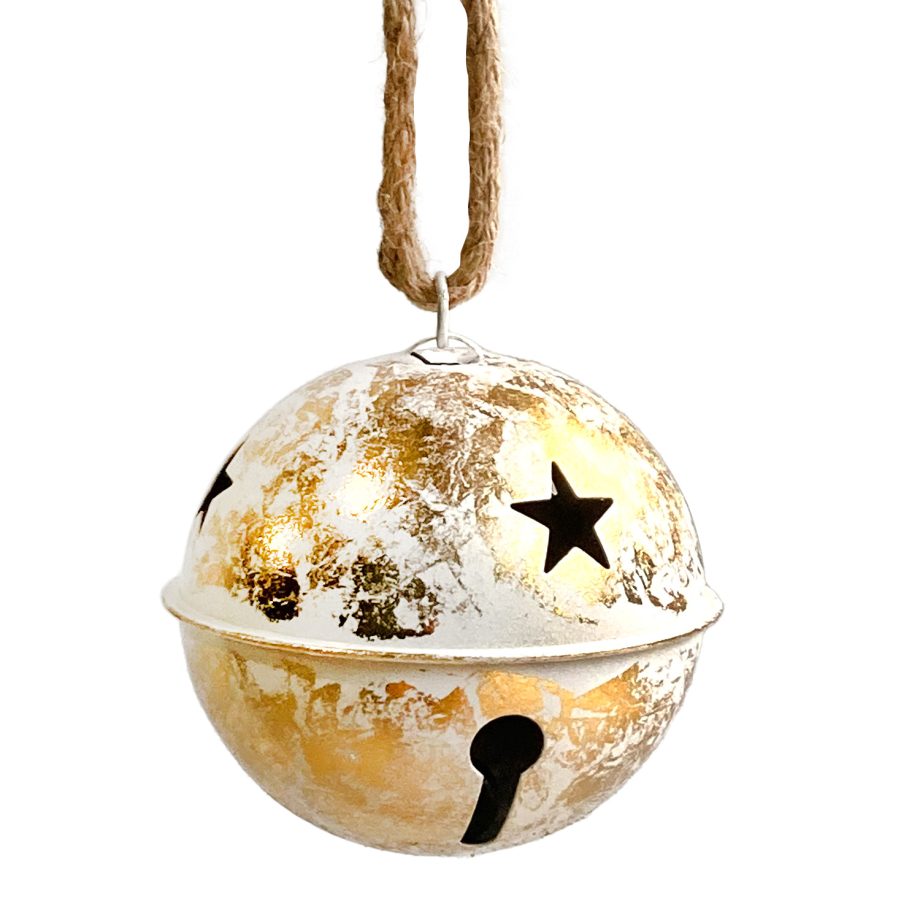 BELL GOLD/WHITE 5.5" (JINGLE) METAL W/ SISAL ROPE HANGER