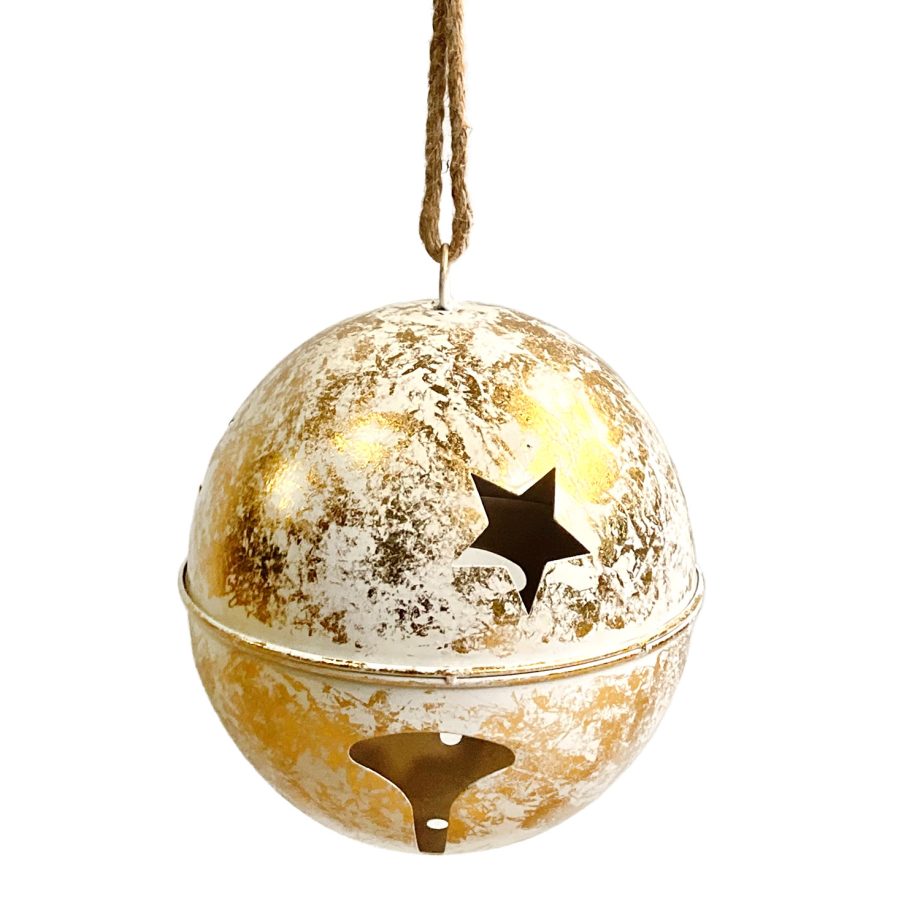 BELL GOLD/WHITE 9.5" (JINGLE) METAL W/ SISAL ROPE HANGER