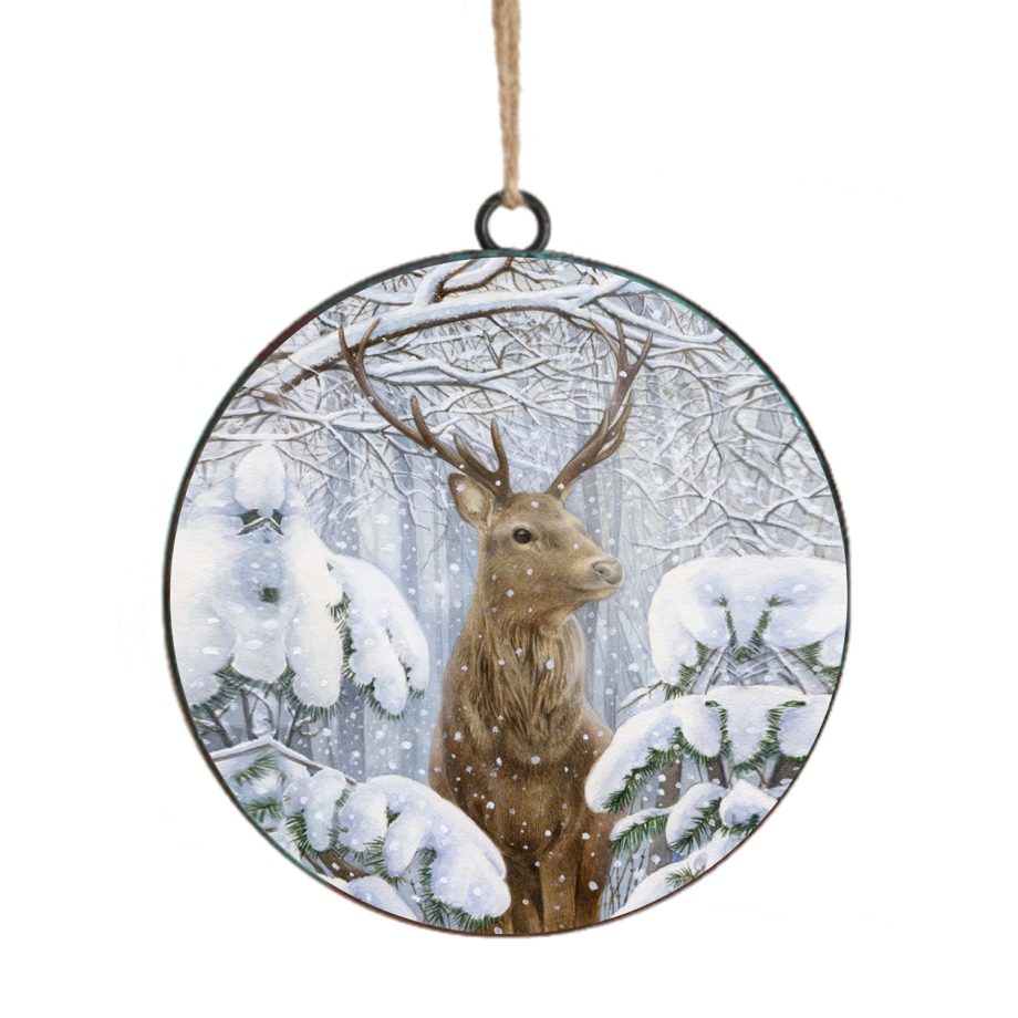 ORN METAL DISC 4" REINDER SNOWY SCENE