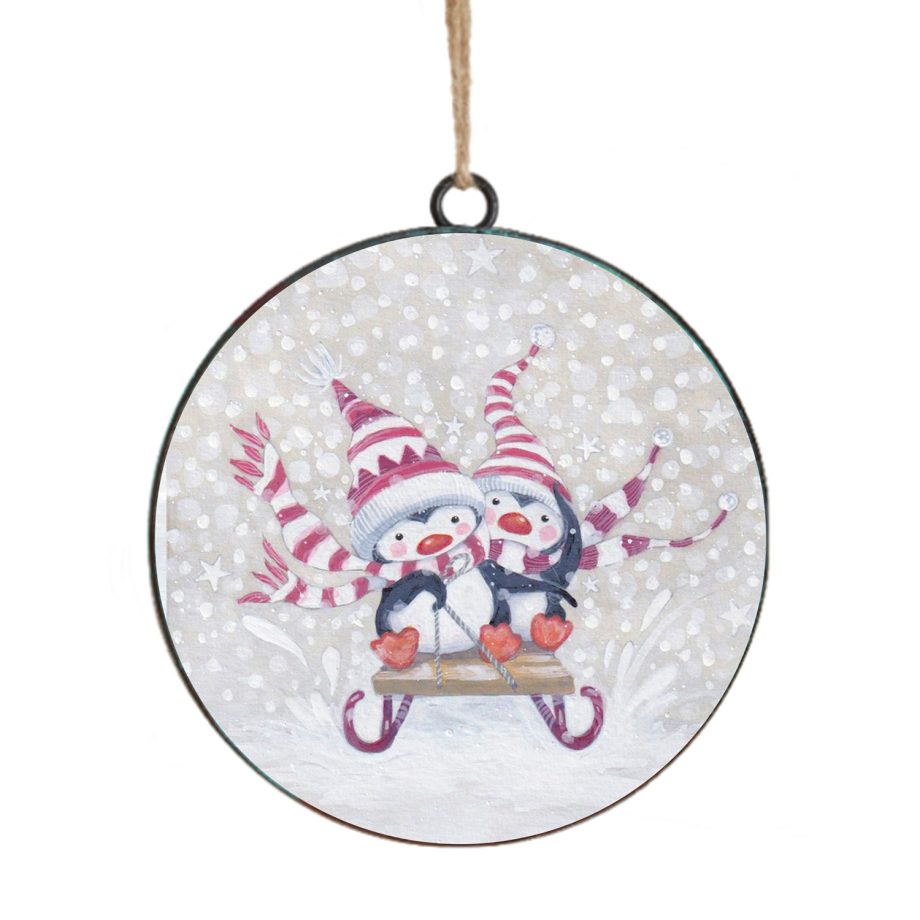 ORN METAL DISC 4" PENGUIN ON A SLEIGH RIDE