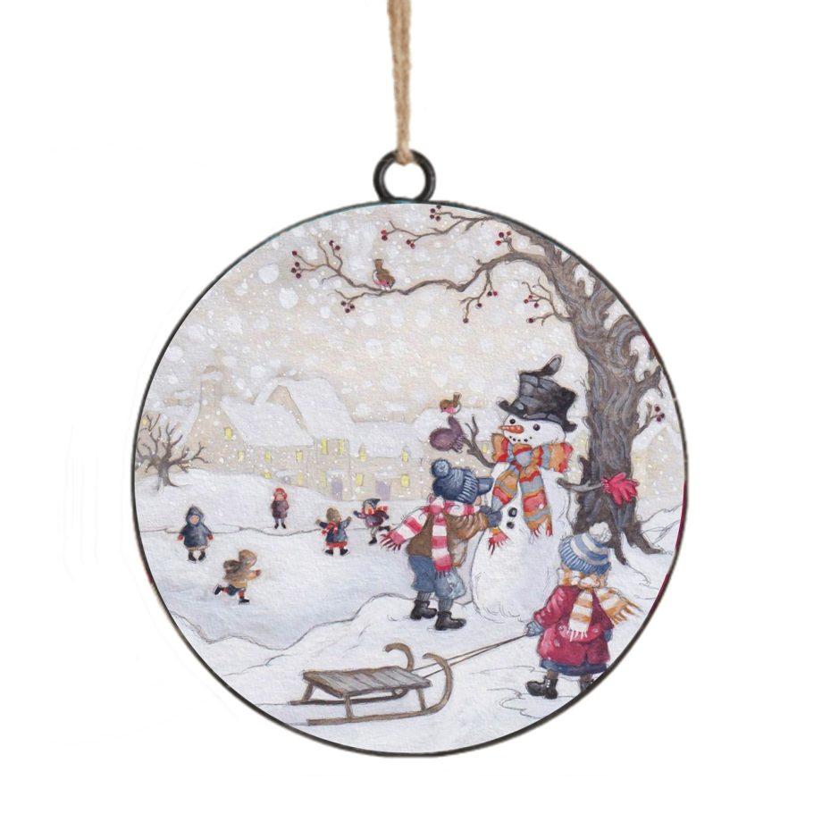 ORN METAL DISC 4" KIDS BUILDING SNOWMAN