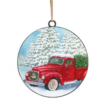 ORN METAL DISC 4" RED TRUCK WITH TREE