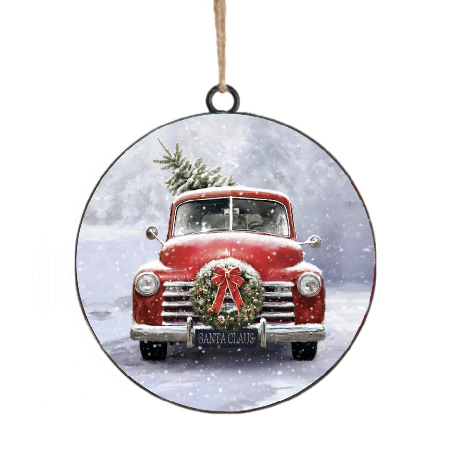 ORN METAL DISC 4" RED TRUCK WITH TREE