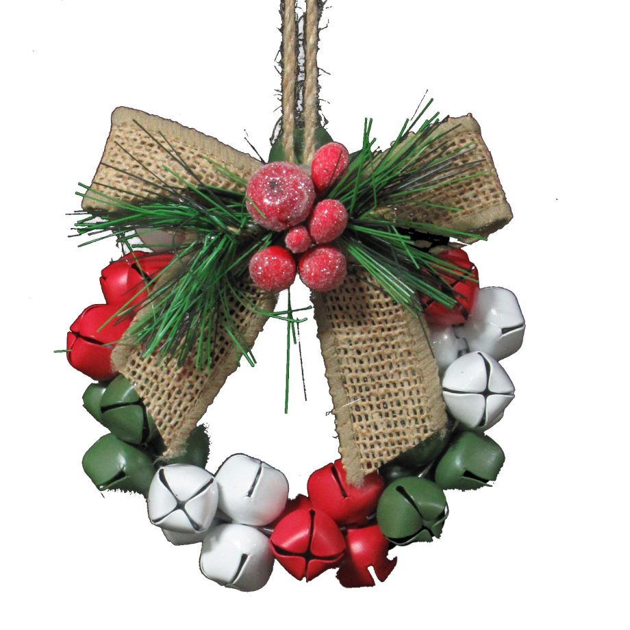 BELL WREATH 4" W/ BOW GREEN/RED/WHITE MATTE