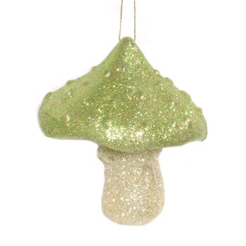 ORN GREEN/GOLD GLITTER MUSHROOM 3"x3.5"