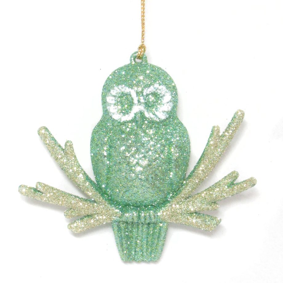 ORN GREEN MINT GLITTER OWL ON CREAM GOLD GLITTER TWIG 4" X 3.5"