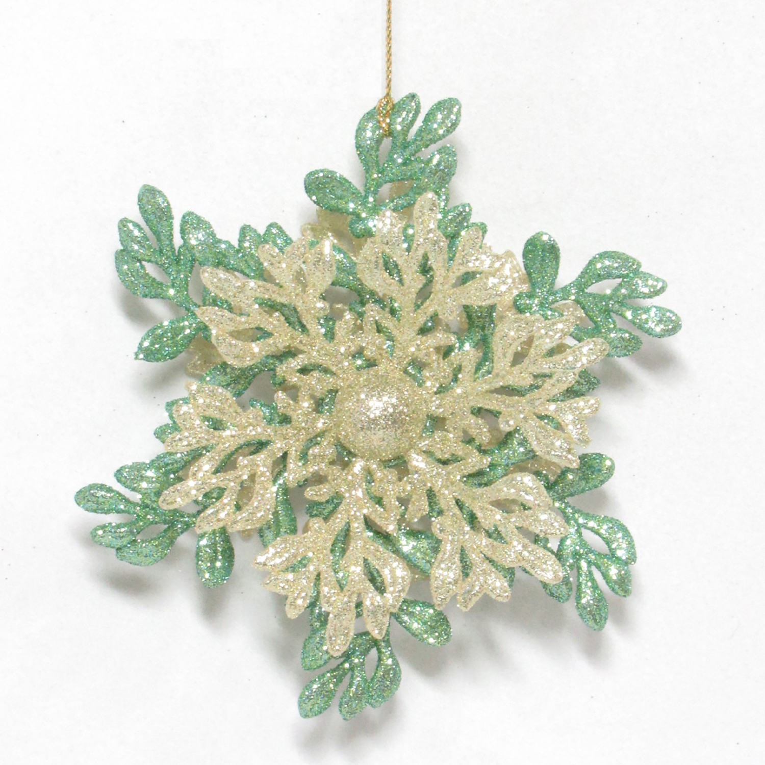 ORN GREEN MINT SNOWFLAKE 5" W/ CREAM GOLD GLITTER