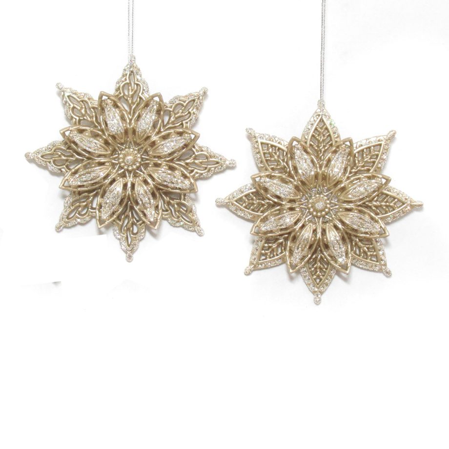 ORN CHAMPAGNESNOWFLAKE 5" W/ SILVER GLITTER 2 ASSTD.