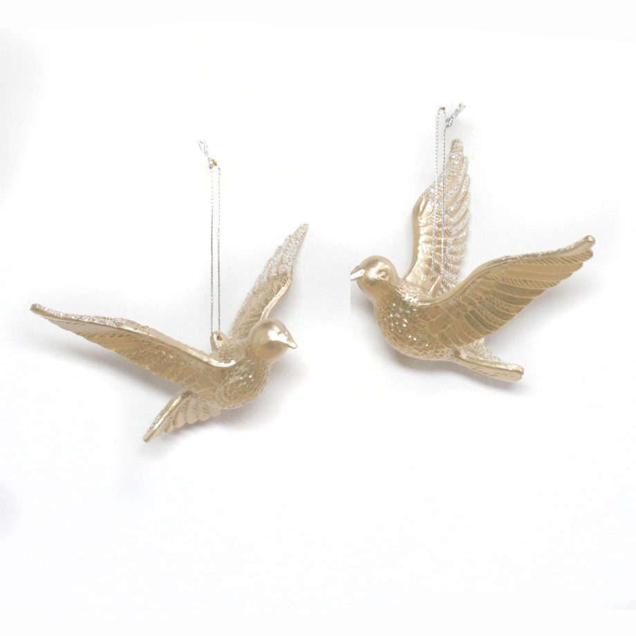 ORN CHAMPAGNE FLYING DOVE 4.5" & 6" W/ SILVER GLITTER 2 ASSTD.