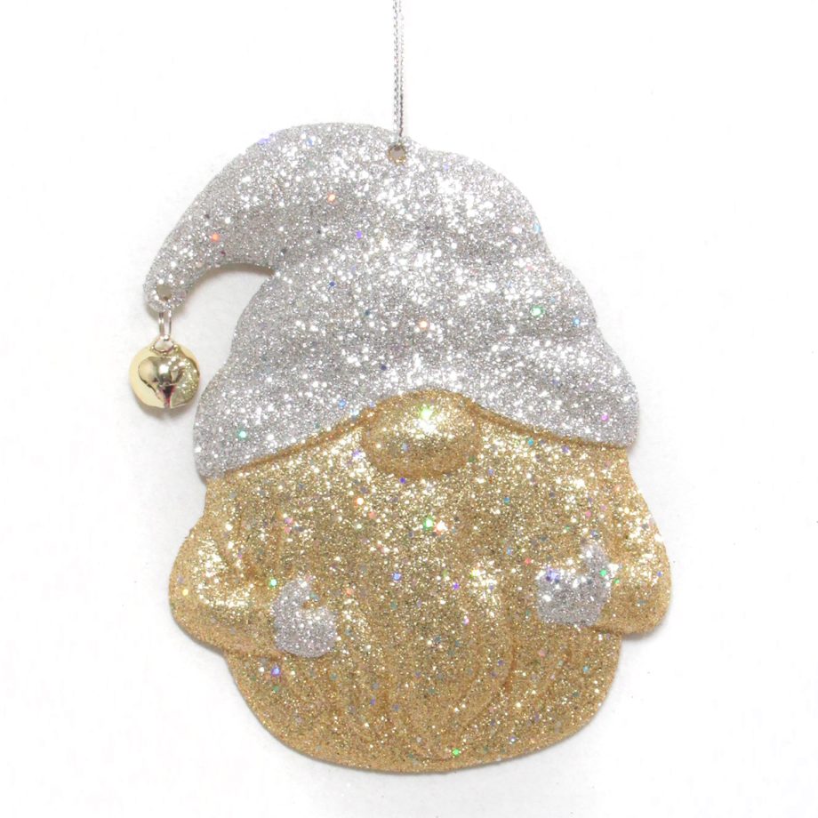 ORN GOLD/SILVER GNOME 5" W/ BELL & GLITTER