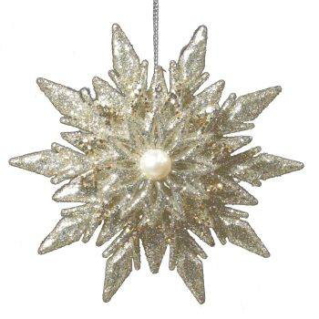 ORN GOLD /SILVER SNOWFLAKE 4.5" W/ PEARL BEAD & GLITTER