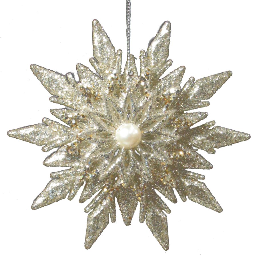 ORN GOLD /SILVER SNOWFLAKE 4.5" W/ PEARL BEAD & GLITTER