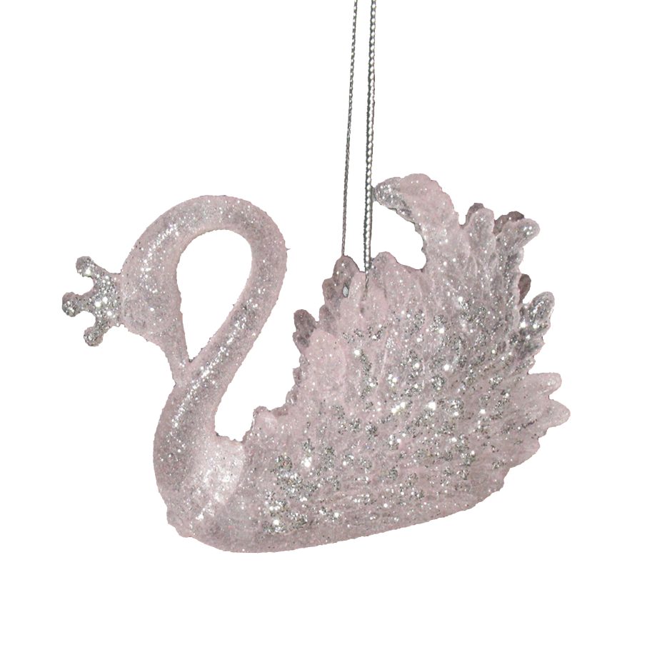 ORN PINK CROWNED SWAN 4.5" W/ SILVER GLITTER