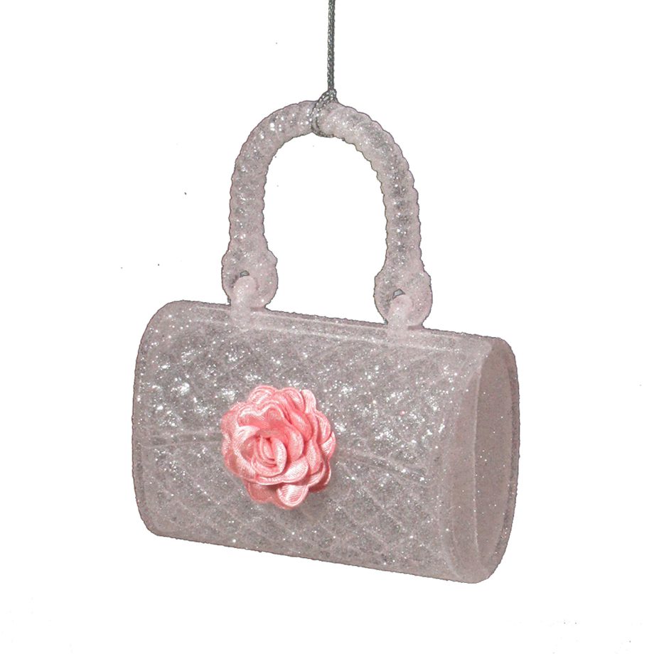ORN PINK BAG  4.5" W/ GLITTER  & CAMELLIA