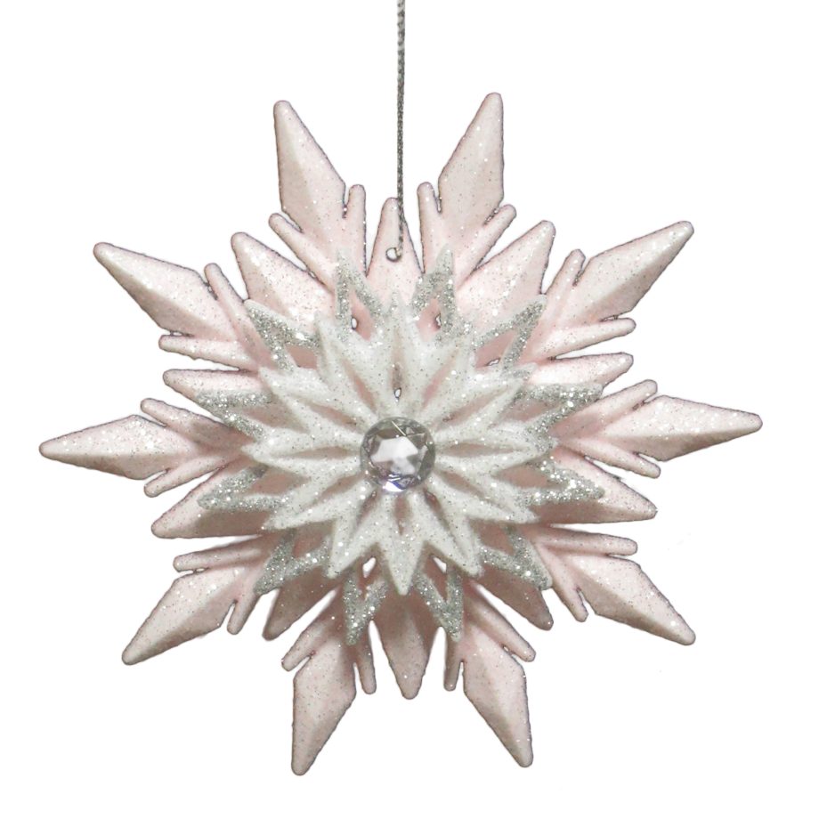 ORN PINK/WHITE ICE SNOWFLAKE 4.5" W/ JEWEL & GLITTER
