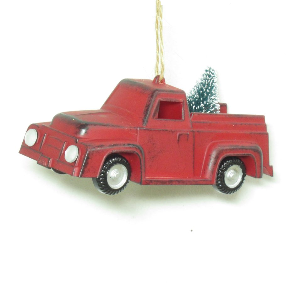 ORN RED TRUCK 4.5" W/ SNOWED TREE