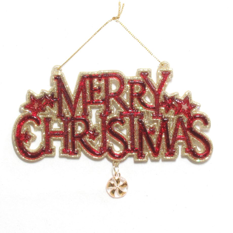 ORN RED CLEAR/GOLD "MERRY CHRISTMAS " 4"X6" W/ CANDY & GLITTER