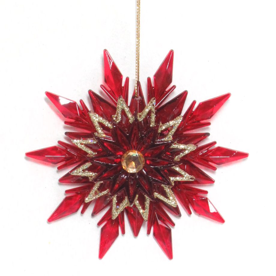 ORN RED/CLEAR SNOWFLAKE W/ CHAMP GLTR 4.5" W/ GOLD JEWEL