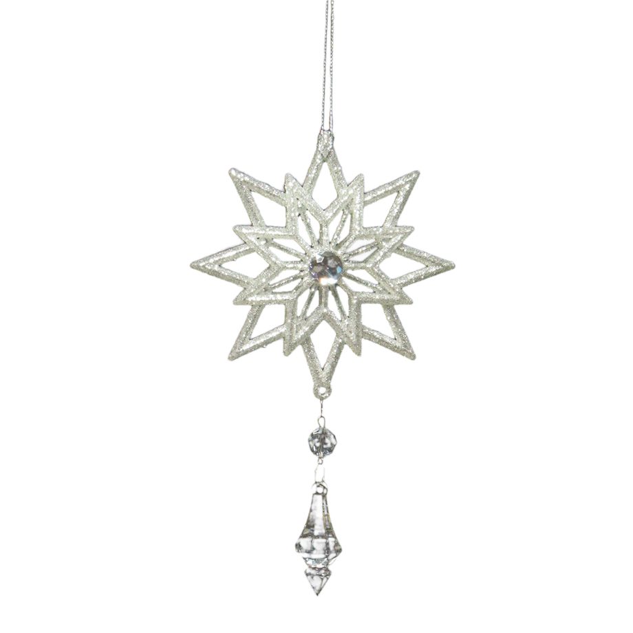 ORN SILVER STAR 7.5" W/ CLEAR DROP & GLTR.