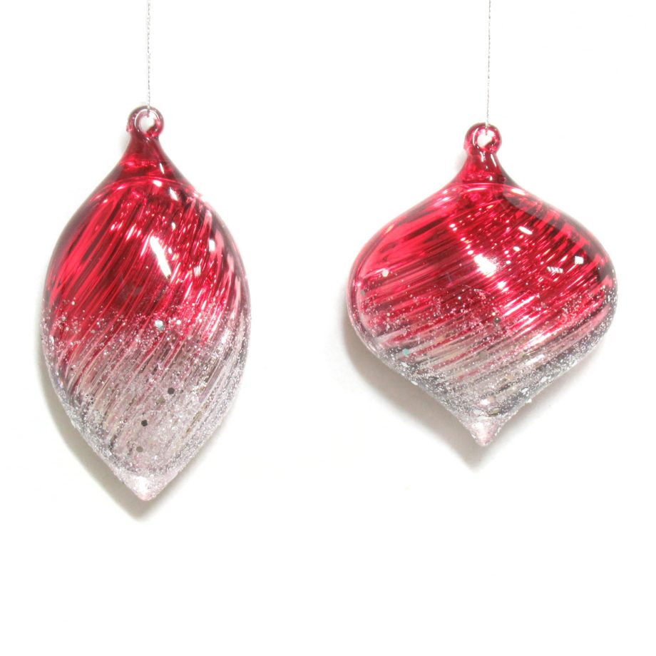 ORN RED / SILVER CLEAR FINIAL & ONION W/ INSIDE SILVER GLITTER 2/S ASSTD.  5" & 4"