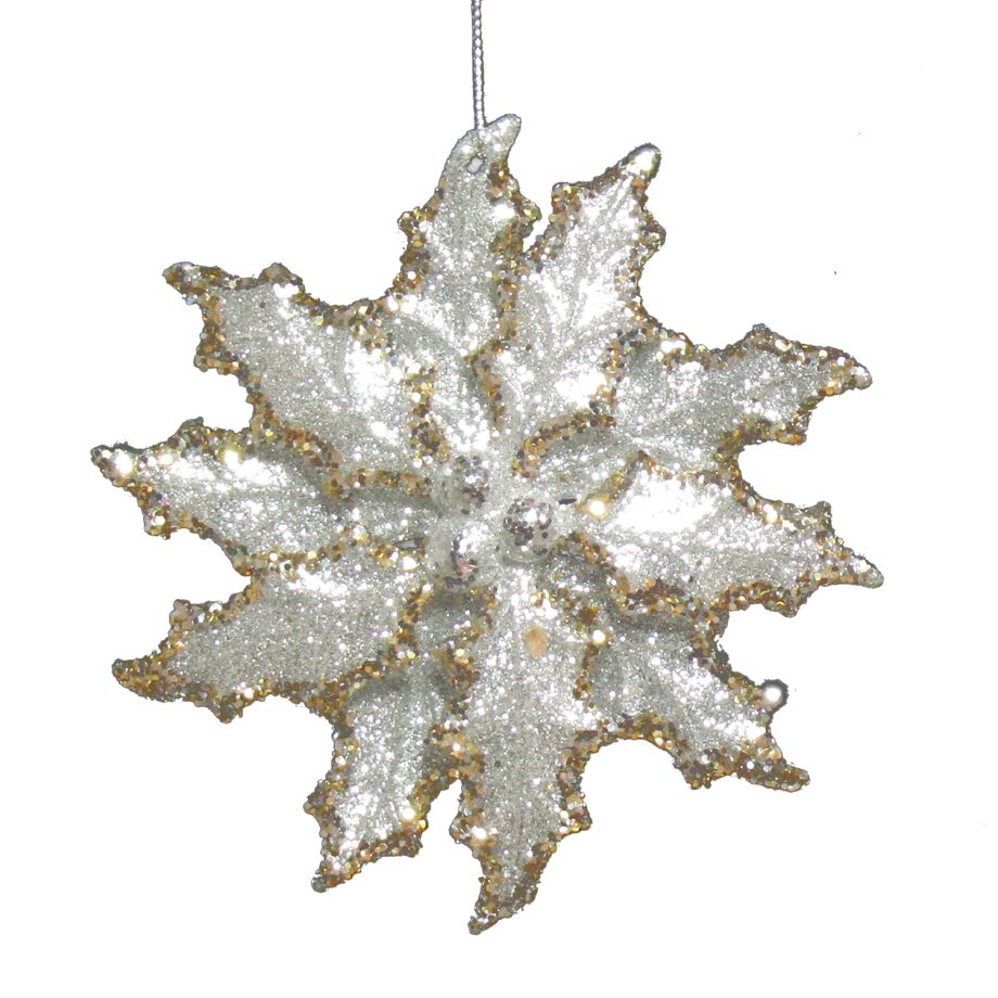 ORN SILVER HOLY SNOWFLAKE 4.5" W/ BRIGHT GLITTER & GOLD EDGE