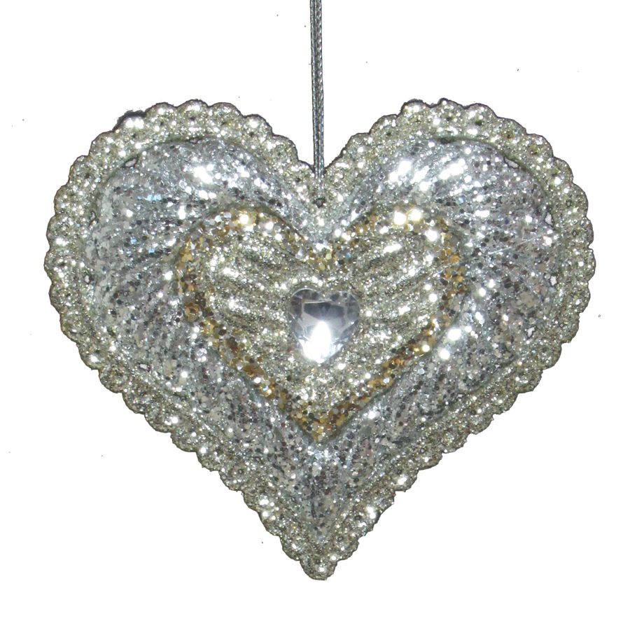 ORN SILVER HEART 4" W/ PART GOLD GLITTER & JEWEL