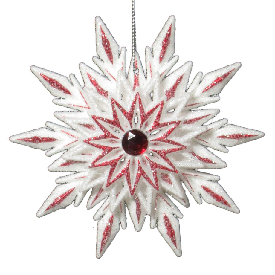 ORN RED/WHITE SNOWFLAKE 4.5" W/ ICE GLTR. & RED JEWEL