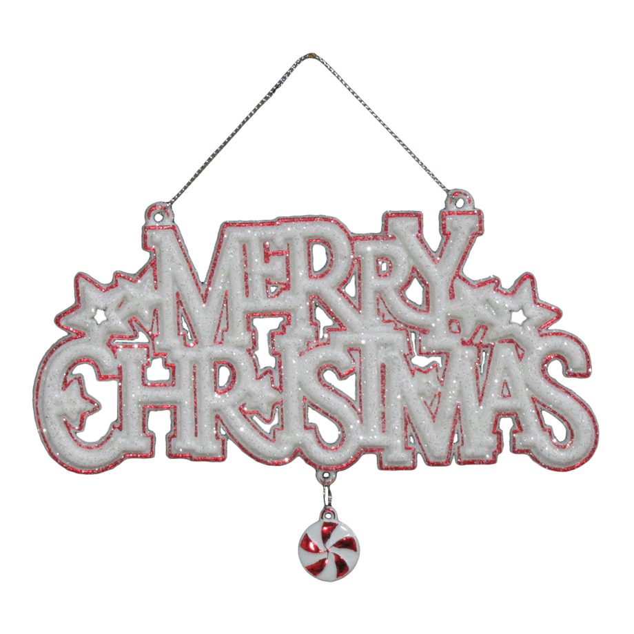ORN RED/WHITE "MERRY CHRISTMAS" 4"X6" W/ ICE GLITTER & CANDY
