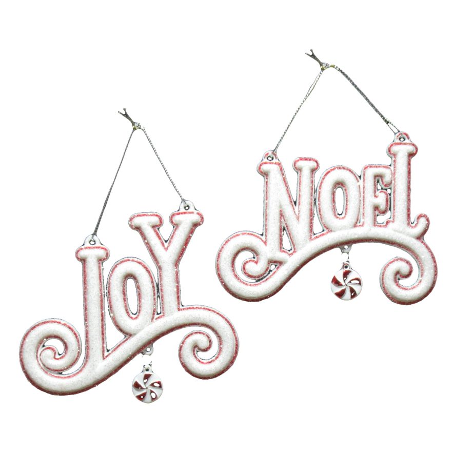 ORN RED/WHITE "JOY & NOEL" 4.5" W/ ICE GLITTER & CANDY