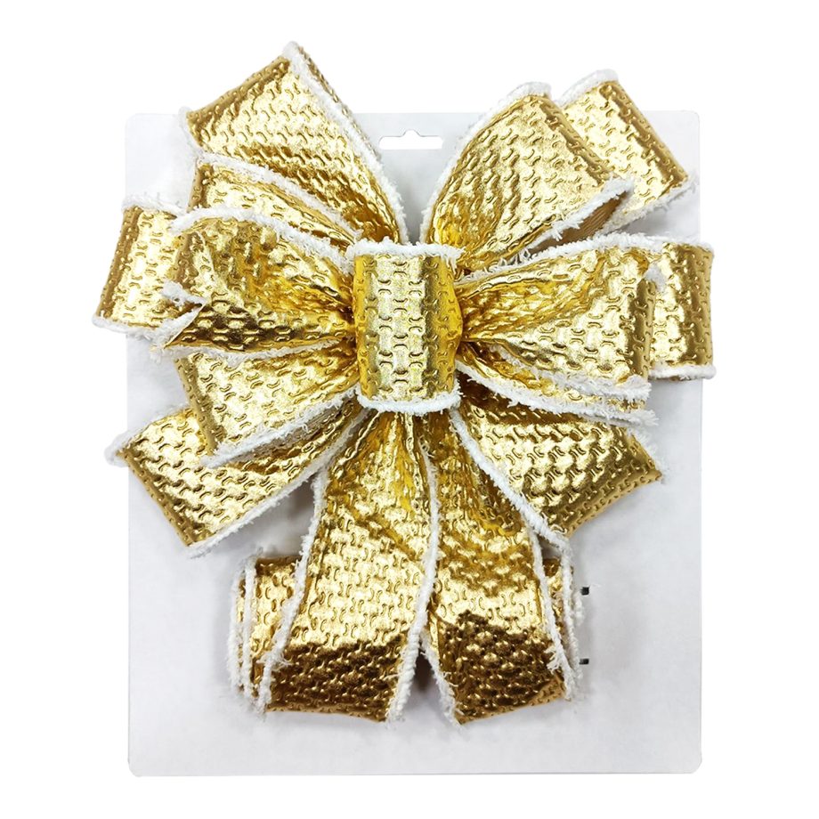 BOW TREE TOPPER 11" X 31" SHINY GOLD WITH VELVET TRIM