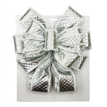 BOW TREE TOPPER 11" X 31" SHINY SILVER WITH VELVET TRIM
