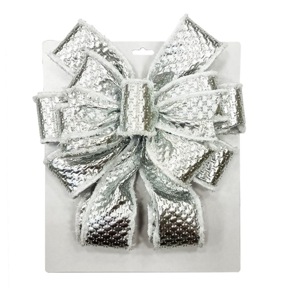 BOW TREE TOPPER 11" X 31" SHINY SILVER WITH VELVET TRIM