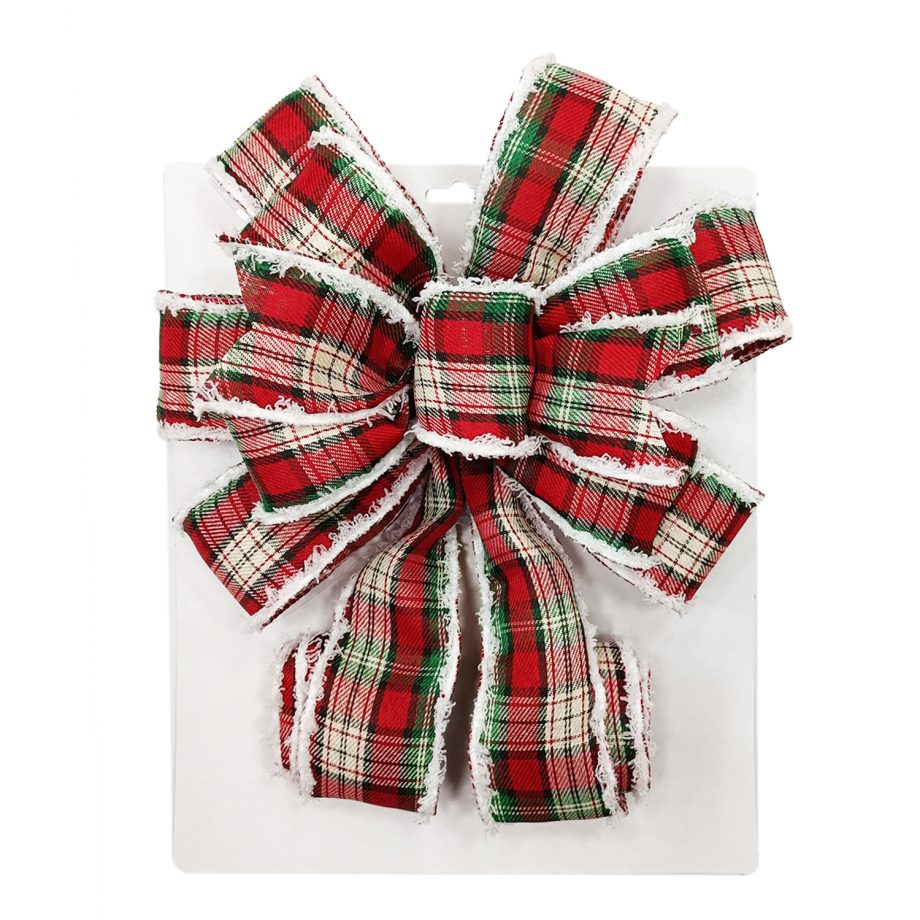 BOW TREE TOPPER 11" X 31" RED/GOLD COLORFUL PLAID WITH VELVET TRIM