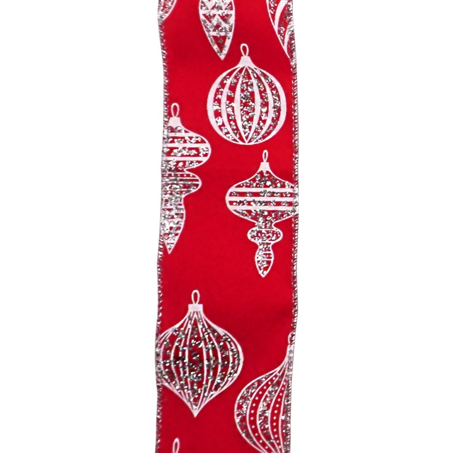 WIRED RIBBON 2.5"X10 YDS RED W/ WHITE FINIALS