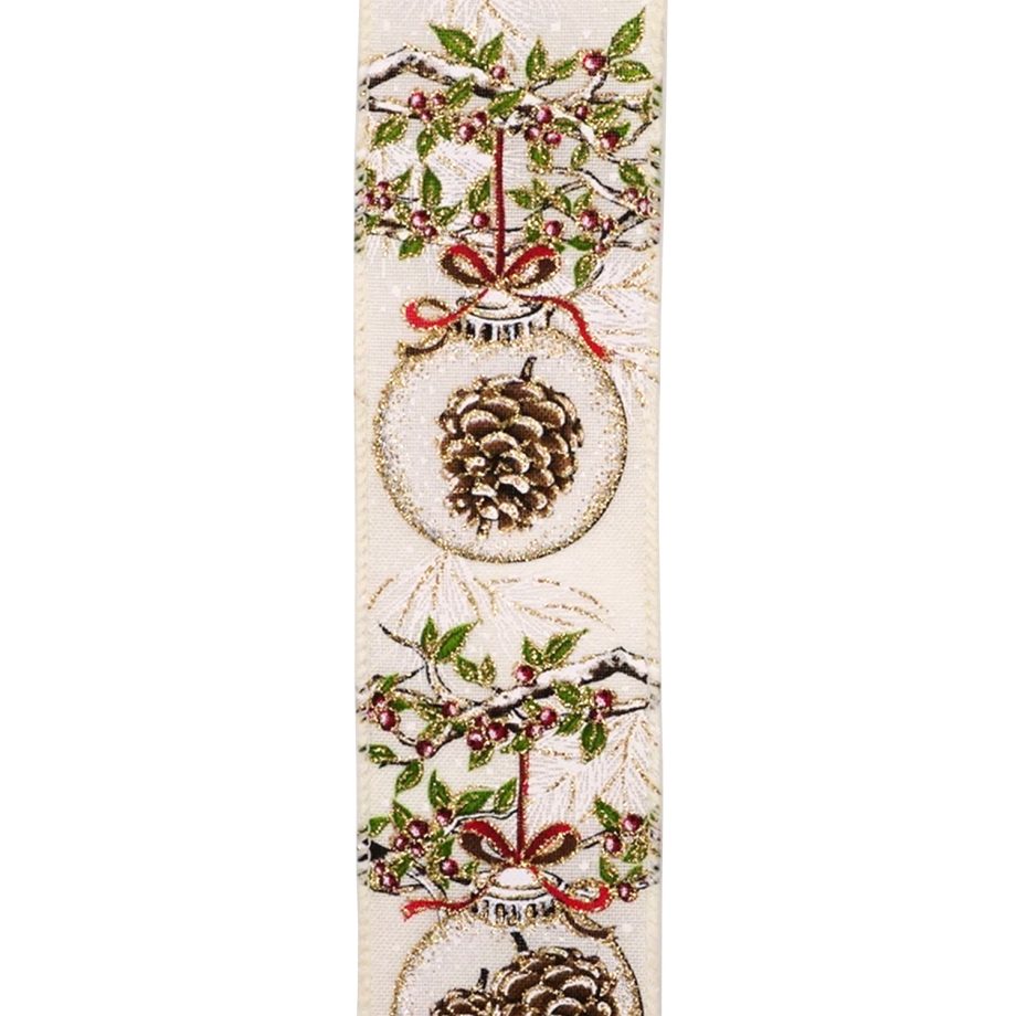 WIRED RIBBON 2.5"X10 YDS IVORY W/ PINE CONE IN SPRUCE & BAUBLES